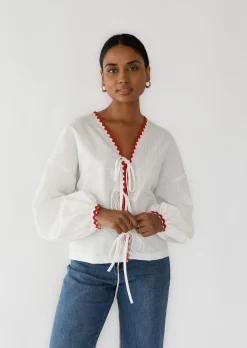Chemises L Blouses | Hauts^Outfitbook Blouse à nouer avec bordures contrastantes BLANC