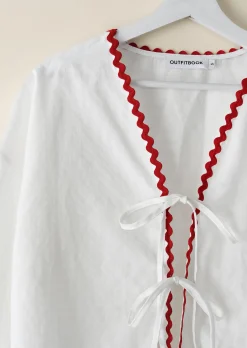 Chemises L Blouses | Hauts^Outfitbook Blouse à nouer avec bordures contrastantes BLANC
