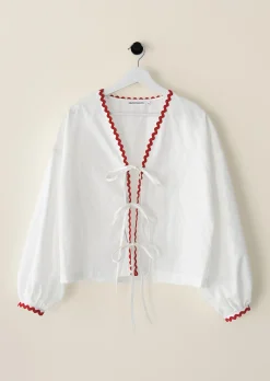 Chemises L Blouses | Hauts^Outfitbook Blouse à nouer avec bordures contrastantes BLANC