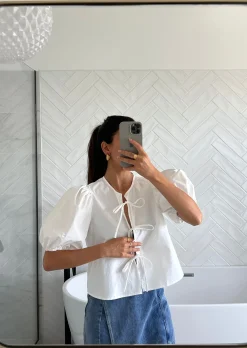 Chemises L Blouses | Hauts^Outfitbook Blouse manches bouffantes à nouer BLANC