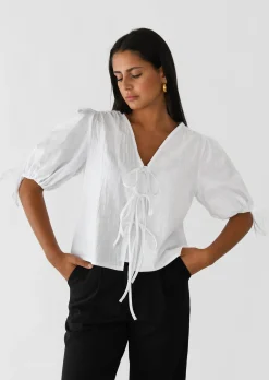 Chemises L Blouses | Hauts^Outfitbook Blouse manches bouffantes avec noeuds BLANC