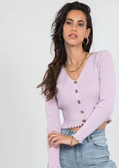 Pulls L Cardigans | Hauts^Outfitbook Cardigan boutonné à ourlet volanté LILAS