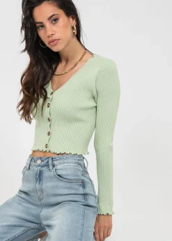 Pulls L Cardigans^Outfitbook Cardigan boutonné à ourlet volanté VERT