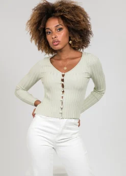 Pulls L Cardigans^Outfitbook Cardigan côtelé avec boutons perles - pastel vert