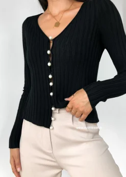 Pulls L Cardigans^Outfitbook Cardigan côtelé avec boutons perles noir