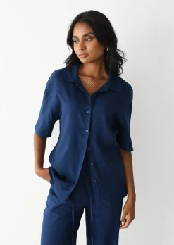 Chemises L Blouses | Hauts^Outfitbook Chemise en lin manche courte marine BLEU