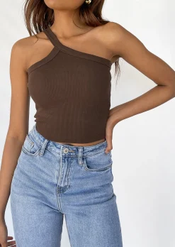 Hauts^Outfitbook Crop top asymétrique côtelé MARRON