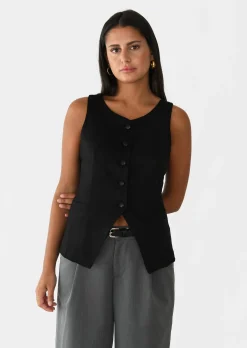 Pulls L Cardigans | Hauts^Outfitbook Gilet costume en lin NOIR