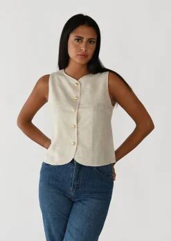 Pulls L Cardigans | Hauts^Outfitbook Gilet en lin à boutons dorés BEIGE
