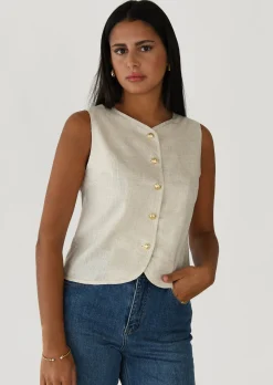 Pulls L Cardigans | Hauts^Outfitbook Gilet en lin à boutons dorés BEIGE