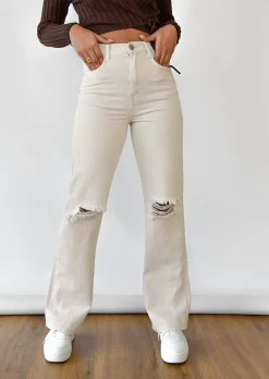 Jeans^Outfitbook Jean droit déchiré aux genoux BEIGE