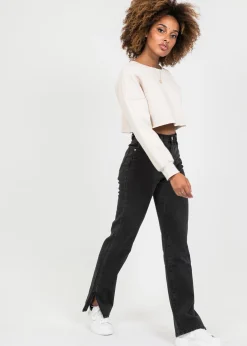 Jeans^Outfitbook Jean droit taille haute fendu sur les côtés délavé NOIR