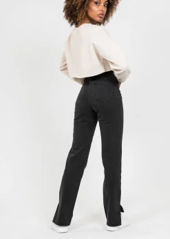 Jeans^Outfitbook Jean droit taille haute fendu sur les côtés délavé NOIR