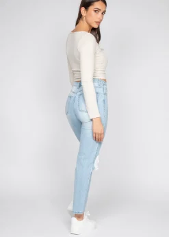 Jeans^Outfitbook Jean mom déchiré bleu clair