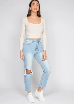 Jeans^Outfitbook Jean mom déchiré bleu clair