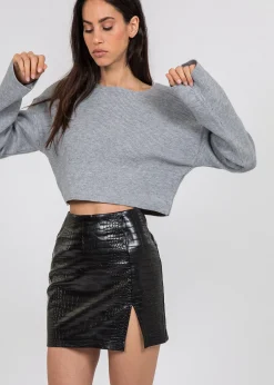 Jupes^Outfitbook Jupe en simili cuir effet croco fendue NOIR