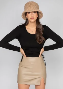 Jupes^Outfitbook Jupe fendue en similicuir beige
