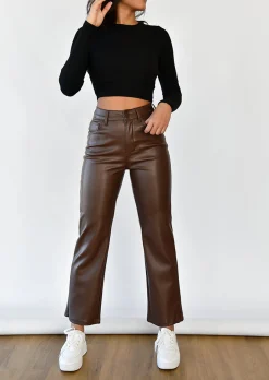 Pantalons^Outfitbook Pantalon droit en similicuir marron
