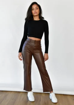 Pantalons^Outfitbook Pantalon droit en similicuir marron