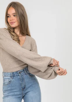 Pulls L Cardigans^Outfitbook Pull cache coeur à manches ballons TAUPE