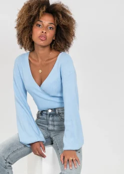 Pulls L Cardigans^Outfitbook Pull cache coeur à manches ballons BLEU