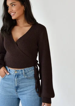 Pulls L Cardigans^Outfitbook Pull cache coeur à manches ballon MARRON