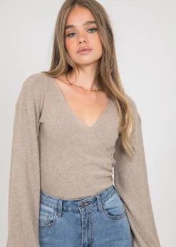 Pulls L Cardigans^Outfitbook Pull cache coeur à manches ballons TAUPE