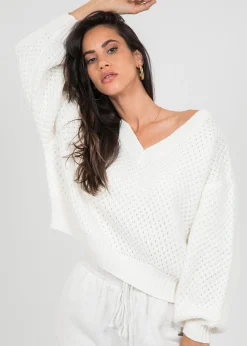 Pulls L Cardigans^Outfitbook Pull col V oversize en maille torsadée BLANC