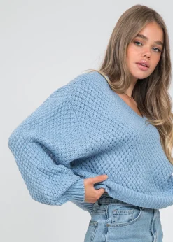 Pulls L Cardigans^Outfitbook Pull col V oversize en maille torsadée bleu