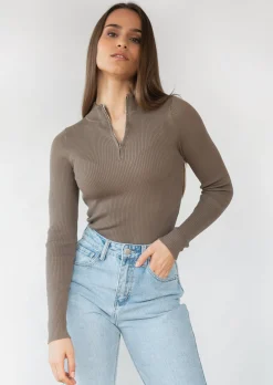 Pulls L Cardigans^Outfitbook Pull côtelé avec col zippé taupe