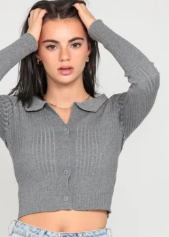 Pulls L Cardigans^Outfitbook Pull côtelé avec col à revers GRIS
