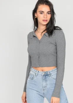 Pulls L Cardigans^Outfitbook Pull côtelé avec col à revers GRIS