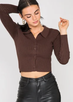 Pulls L Cardigans^Outfitbook Pull côtelé avec col à revers MARRON