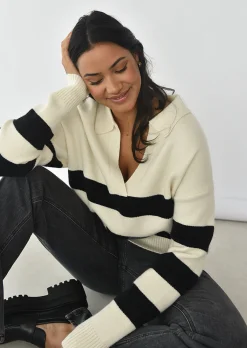 Pulls L Cardigans^Outfitbook Pull en maille à rayures col polo Beige
