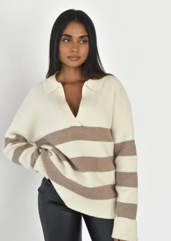 Pulls L Cardigans^Outfitbook Pull en maille à rayures col polo Beige
