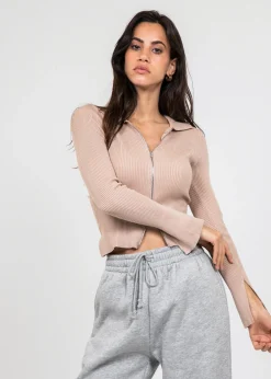 Pulls L Cardigans | Hauts^Outfitbook Pull zippé avec col à revers beige