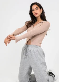 Pulls L Cardigans | Hauts^Outfitbook Pull zippé avec col à revers beige