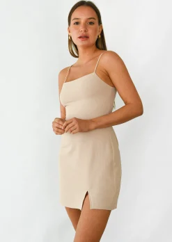 Robes^Outfitbook Robe courte col carré fendue BEIGE