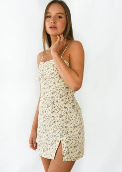 Robes^Outfitbook Robe courte fleurie col carré fendue JauneFleurie