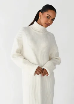 Robes^Outfitbook Robe en maille côtelée à col roulé ECRU