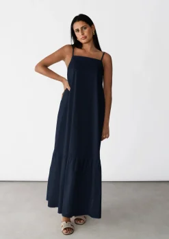 Robes^Outfitbook Robe longue en coton à volant BLEU