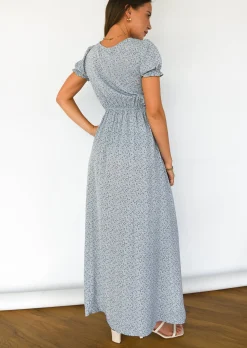 Robes^Outfitbook Robe longue fendue fleurie BLEU