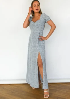 Robes^Outfitbook Robe longue fendue fleurie BLEU