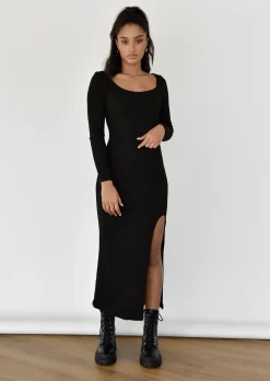 Robes^Outfitbook Robe mi-longue côtelée fendue NOIR