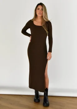 Robes^Outfitbook Robe mi-longue côtelée fendue MARRON
