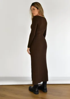 Robes^Outfitbook Robe mi-longue côtelée fendue MARRON