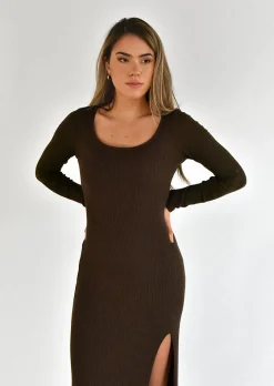 Robes^Outfitbook Robe mi-longue côtelée fendue MARRON