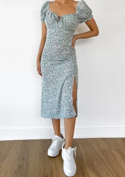Robes^Outfitbook Robe mi-longue fendue bleu fleurie