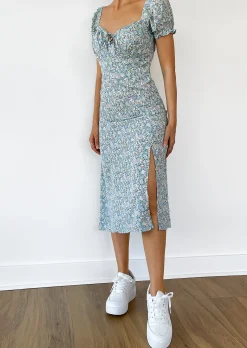 Robes^Outfitbook Robe mi-longue fendue bleu fleurie