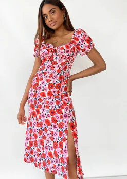 Robes^Outfitbook Robe mi-longue fendue rose fleurie